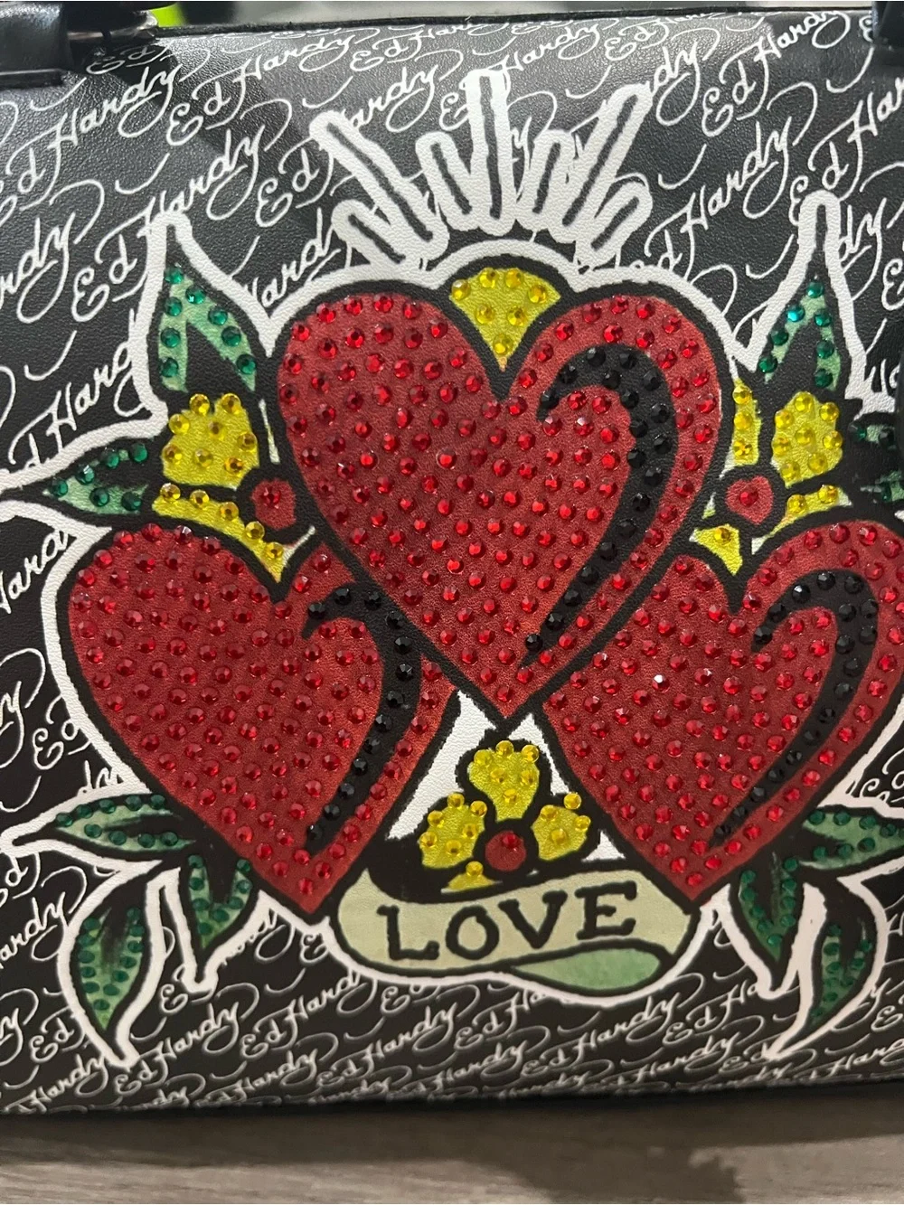 Ed Hardy Black & Red Love Hearts Top-Handle Shoulder Bag